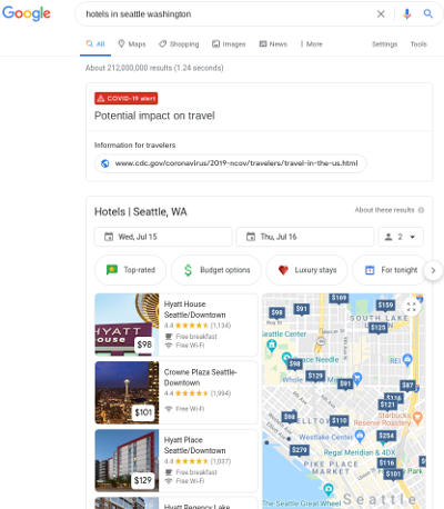 No-click search results for hotels in Seattle