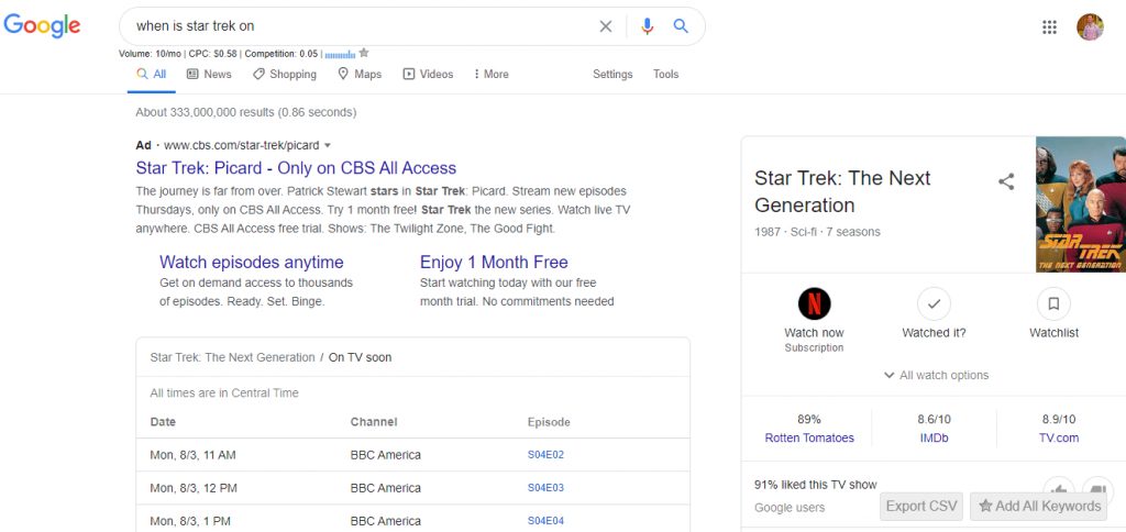 No-click search results for Star Trek showtimes